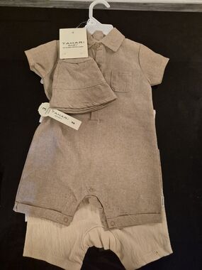 Tahari Baby Beige Short-Sleeve Romper with Hat